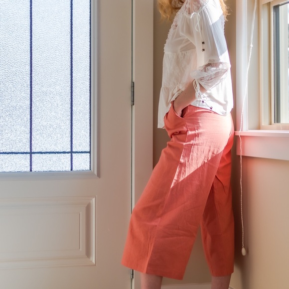 Lush Coral Pink High Waist Linen Culottes - Picture 3 of 4